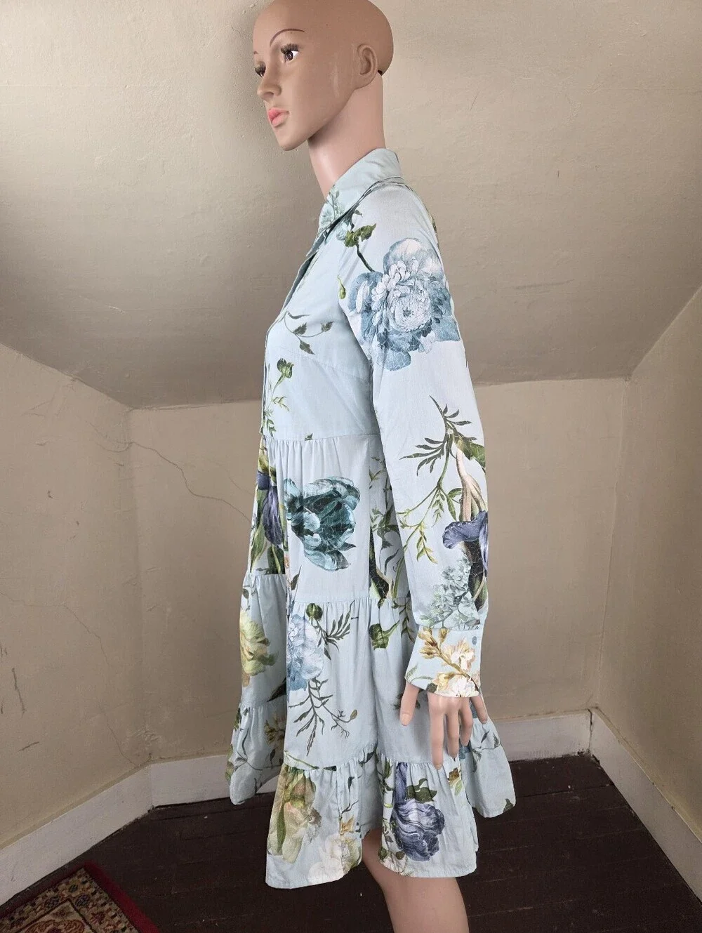 ERDEM‎ Abilene Floral Cotton Poplin Tiered Mini Shirt Dress Estimated Small